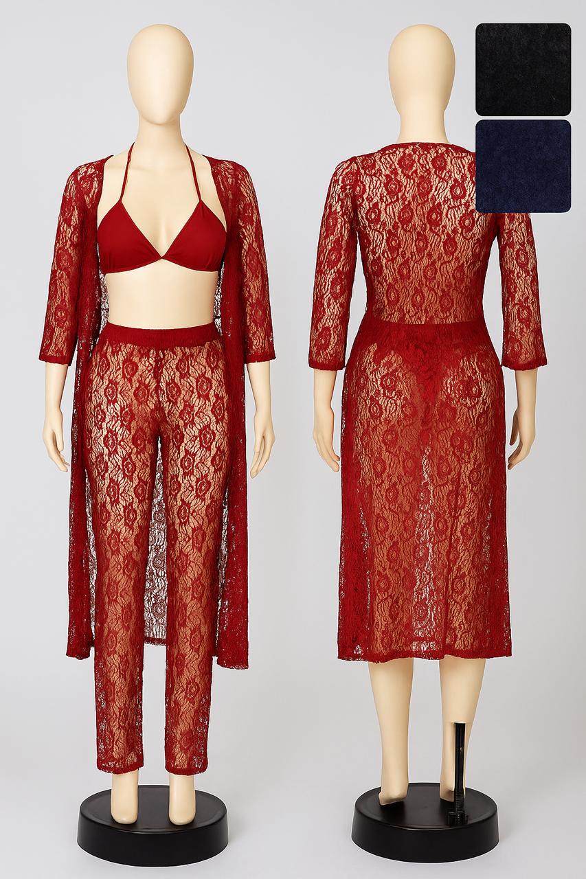 3-Piece Lace Nightwear Set – Bralette, Pant, and Long Sheer Robe