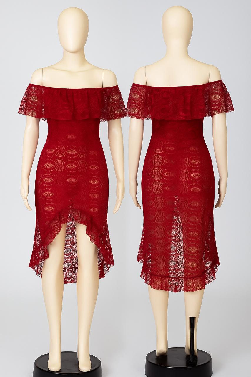 “Women’s Off-Shoulder Red Lace Night Dress – Sheer Net Lingerie with Front & Back Detailing”