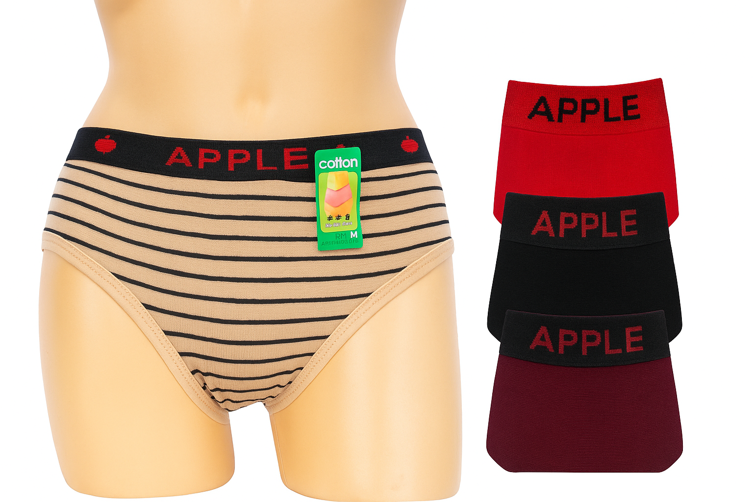 "Apple Women’s Cotton Mid-Rise Panties – Striped & Solid Colors (Pack of 5)"