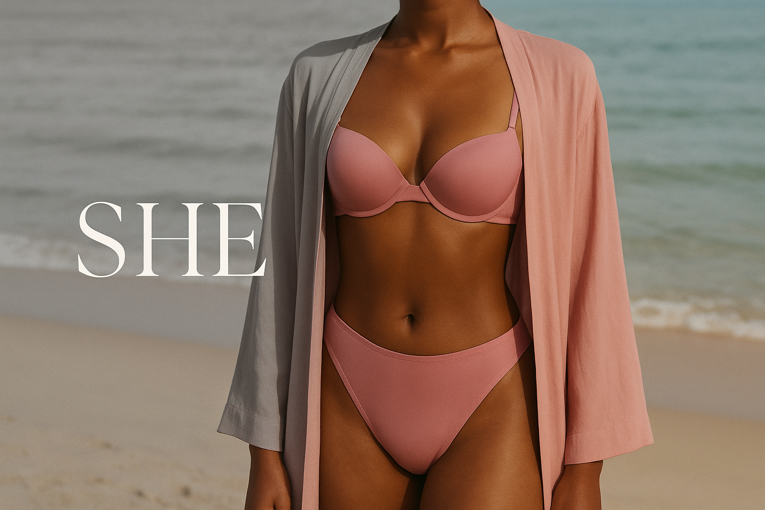 create a template banner show a picture of model zoom in don't show face just show her neck till panty area wearing a pink open gown with inner same pink color bra and panty set in brown skin tone background of beach Sand and water half picture black shadeedit half picture real colors edit with written text of she. in in aesthetic and minimal style on the left side 