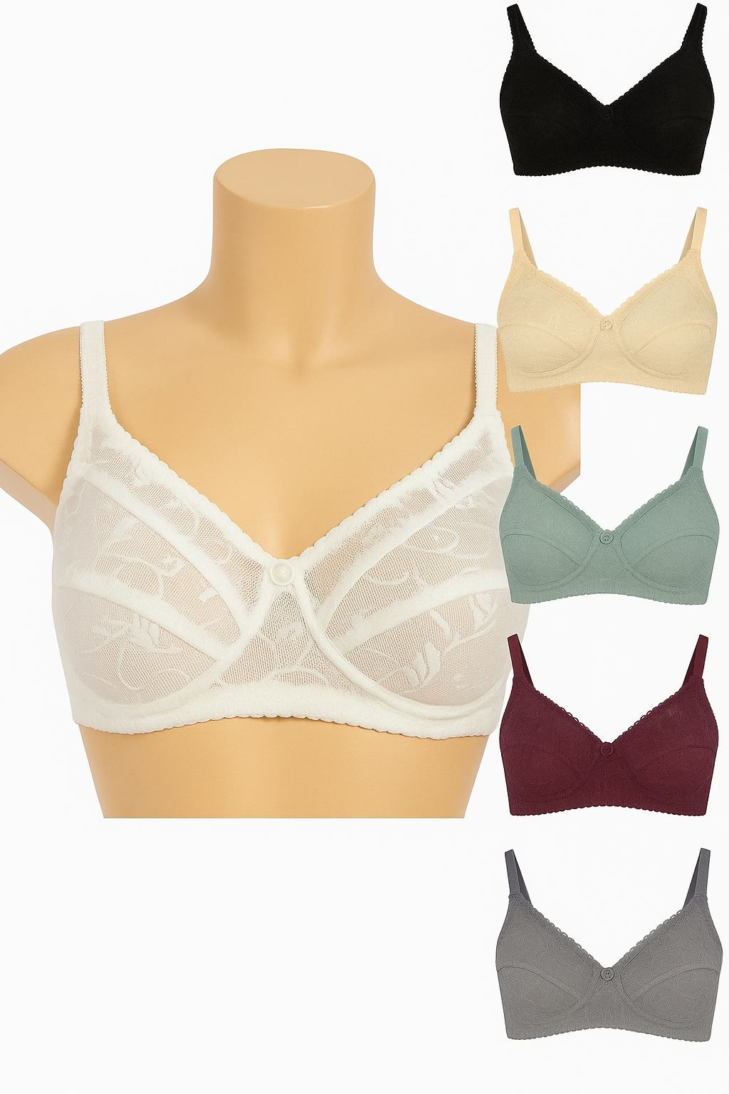 Doreena Imported Full Net Lace Bra – Stretchable, Non-Padded, Everyday Comfort (White, Skin, Black)