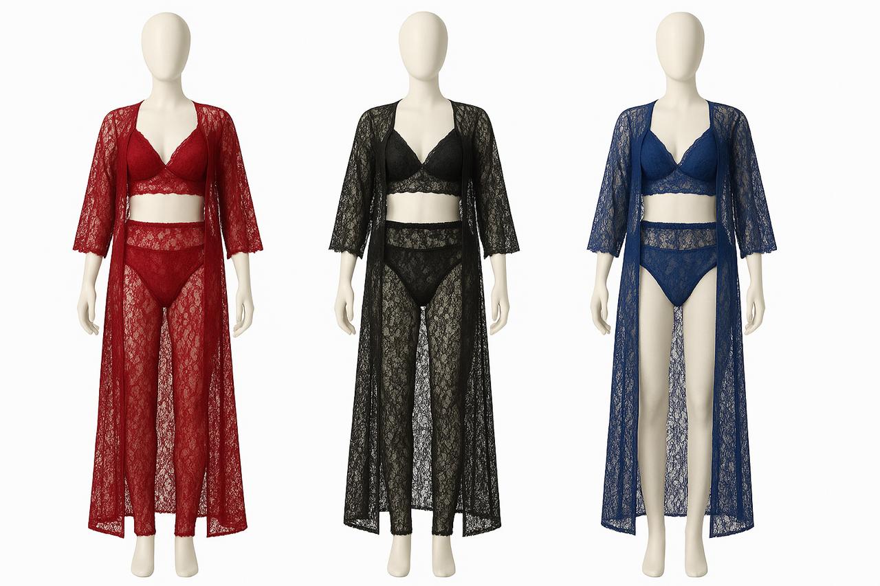 3-Piece Lace Nightwear Set – Bralette, Pant, and Long Sheer Robe
