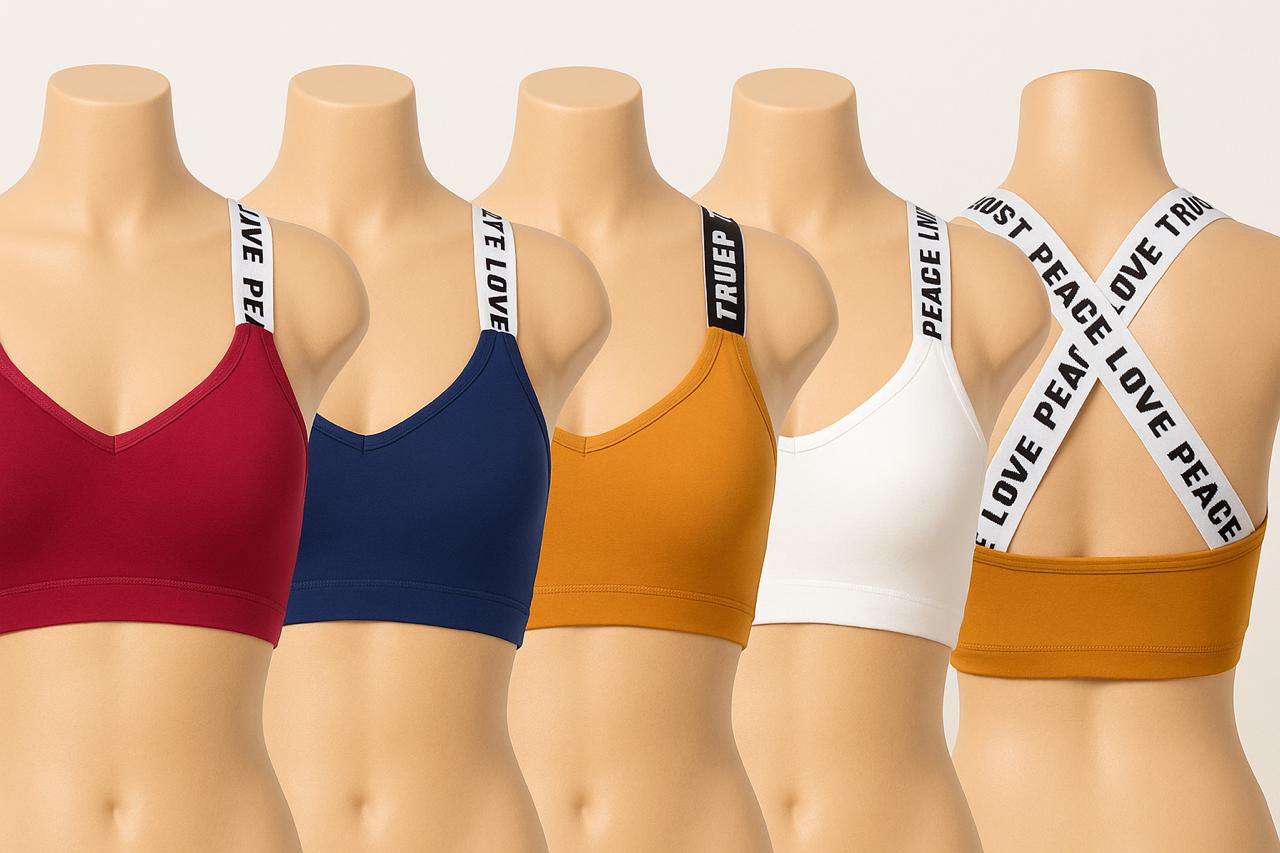 White Cross-Strap Sports Bra with Black Lettering – Soft Lightly Padded, Adjustable Fit     "PACK OF 3"