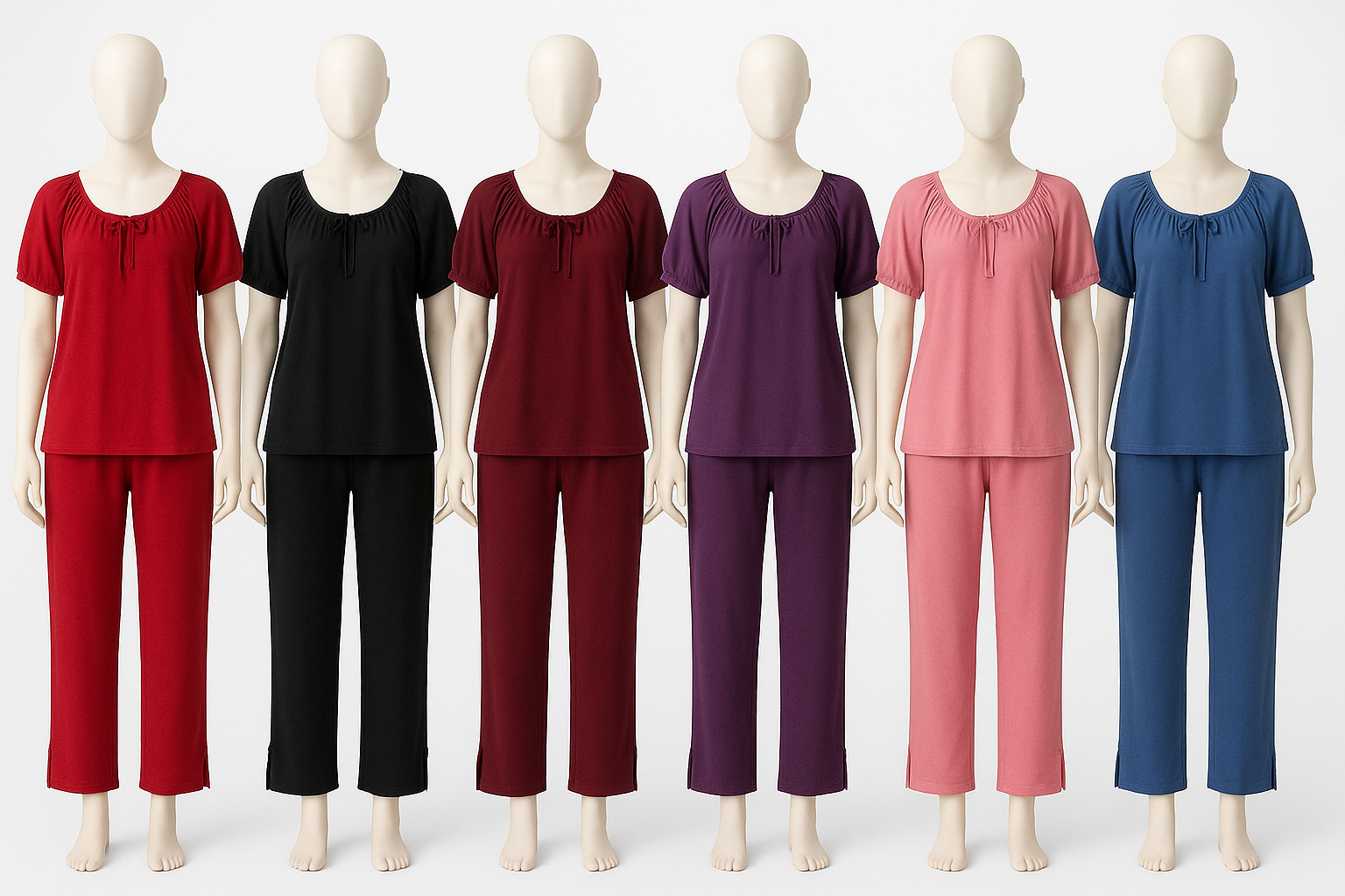 Women's Silk Two-Piece Pajama Set – Short Sleeve Top & Straight-Leg Pants in 6 Colors
