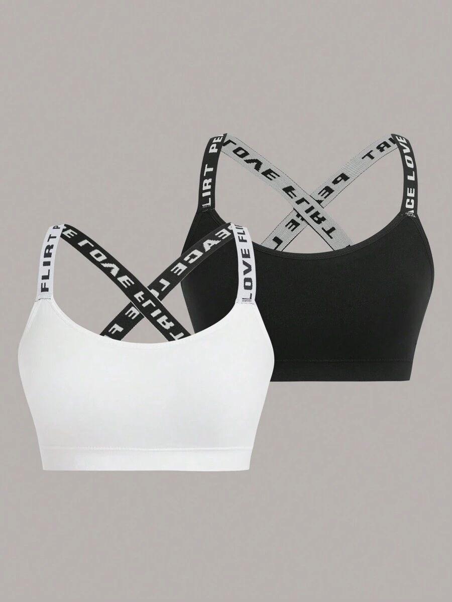 White Cross-Strap Sports Bra with Black Lettering – Soft Lightly Padded, Adjustable Fit     "PACK OF 3"