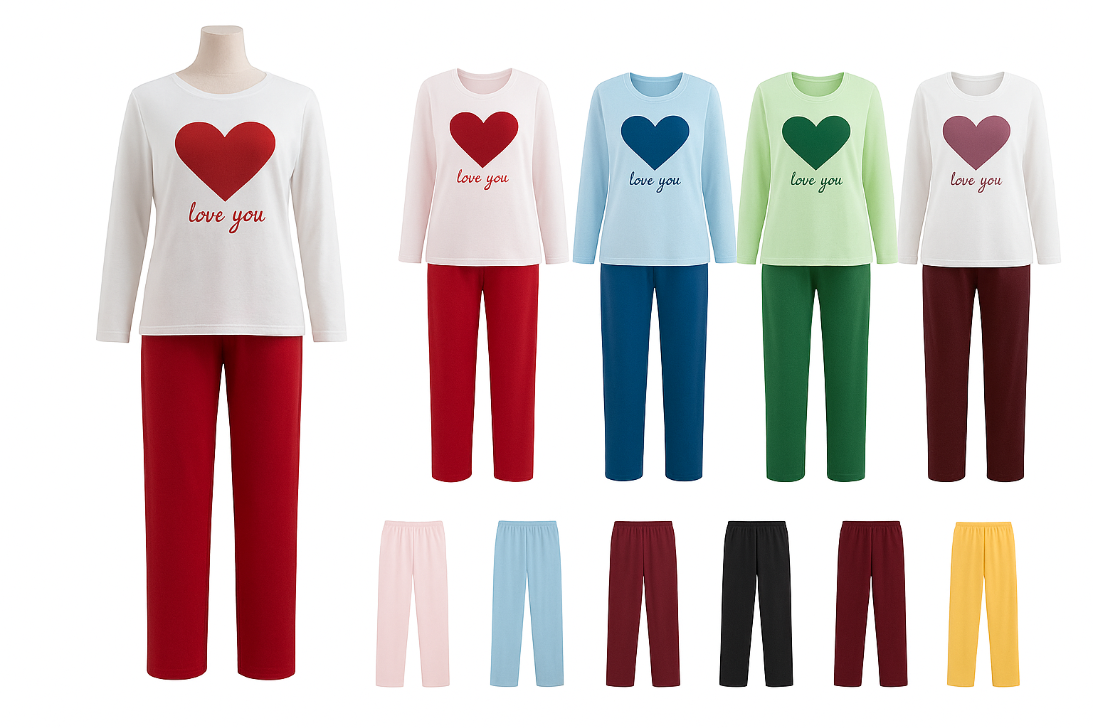 Women's White Top Heart Print Pajama Set – Long Sleeve with Matching Color Pants in 8 Colors